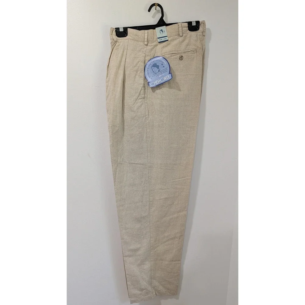Vintage Cherokee Mens Beige Linen Cotton Pleated Trousers Pants 36x30 NWT